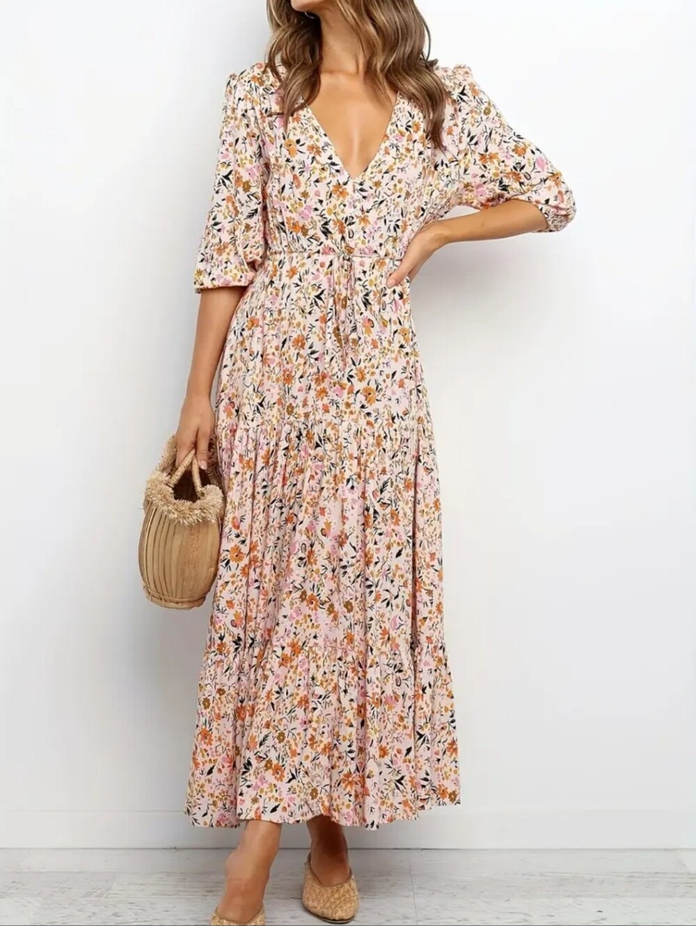 Source Unknown Floral V-Neck Maxi Dress in Cream with Pink and Orange Accents